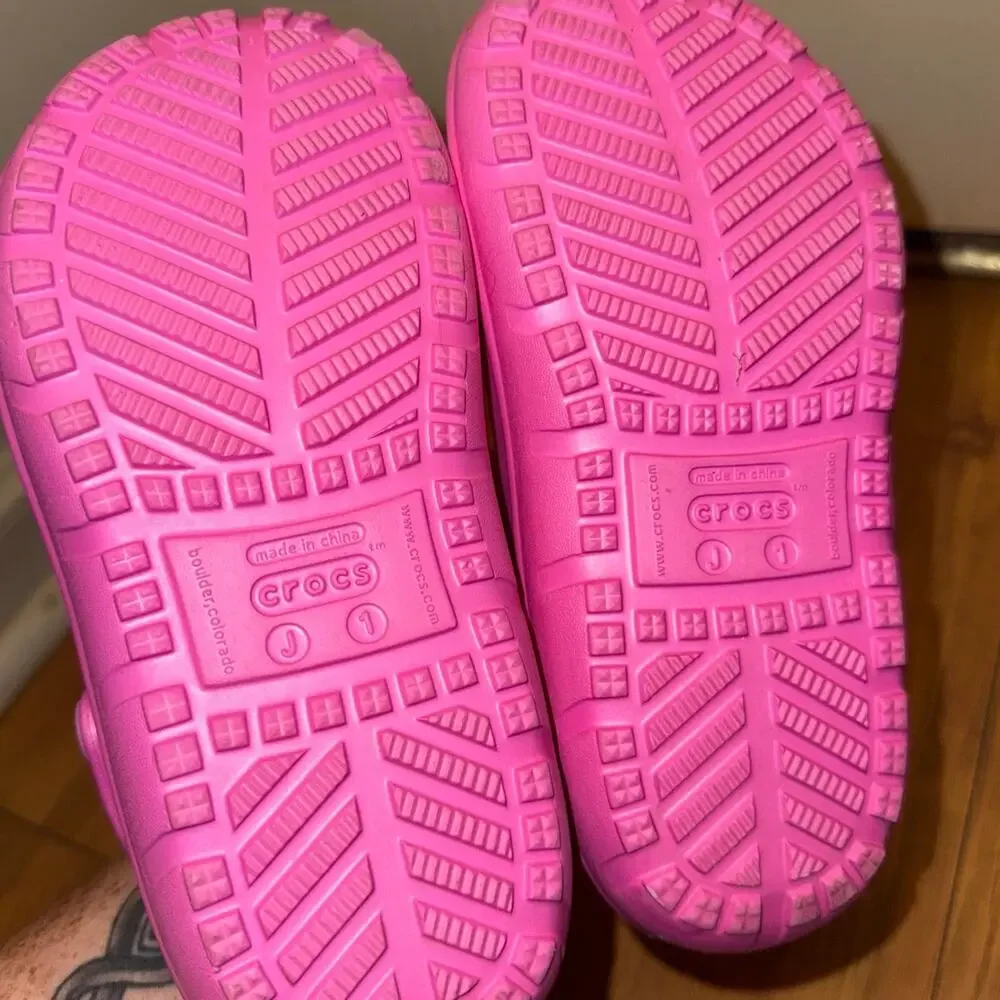 Crocs Classic Lined Clogs Kids J1 Pink Teal Fuzzy Lined Slip On Shoes